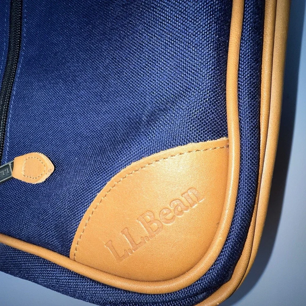 LL Bean Navy Canvas/Leather Messenger Sling Bag Embroidered 